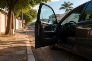 Porta de carro aberta na guia, cena de sair do carro com dor no joelho.