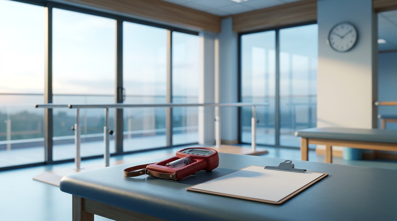 Sala de fisioterapia com dinamômetro e prancheta — retorno ao esporte após LCA